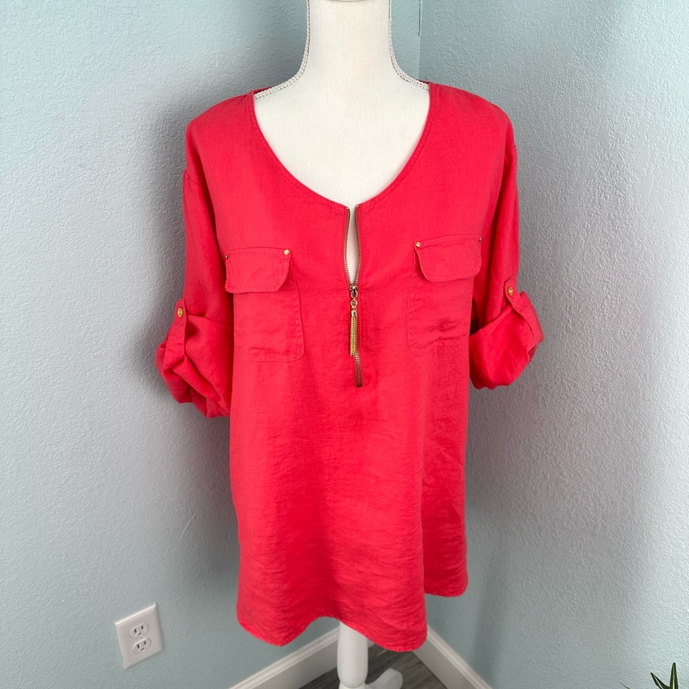 Ellen Tracy Pink Linen Pullover Top XXL 1/4 Zip Scoop Neck Roll Tab Sleeves NWOT